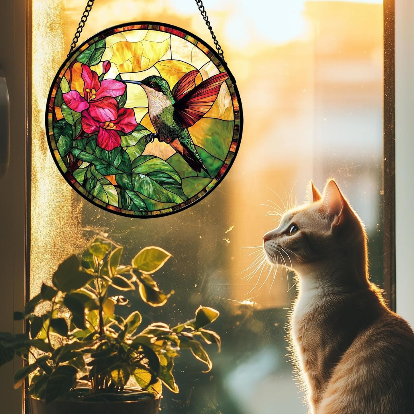 Stained Glass Suncatcher, Hummingbird Red Flowers Green Leaves Sun Catcher Stain Glass Window Hanging Decoration Mother's Day Birthday Gifts for Bird Lover Women Men Mom Nana 9.8 in