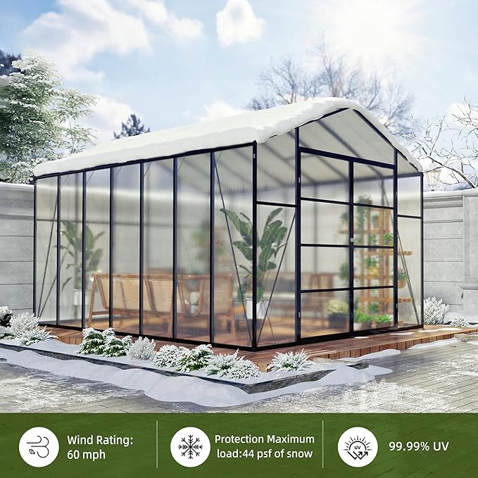 92in High 10*12FT Greenhouse for Outdoors,Polycarbonate Greenhouse with Stronger Wind Protection and Roof Vent,Walk-in Large Aluminum Sunroom Winter Proof,Black