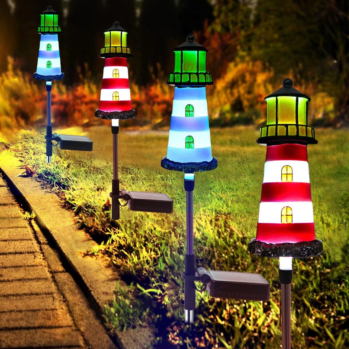 Solar Powered Waterproof Garden Lights 4 Pack – Lighthouse Design for Outdoor Garden Lighting, Backyard Decorations & DIY Backyard Patio, Must-Have for Patio Lovers