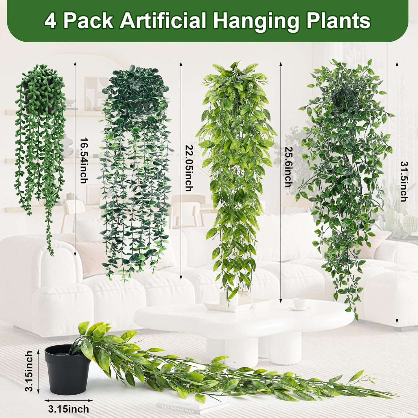 Artificial Hanging Plants for Shelf, 4-Pack Fake Potted Greenery Faux Plant in Pot for Vintage Farmhouse Bathroom Office Desk Wall Bookshelf Room Accessories Décor