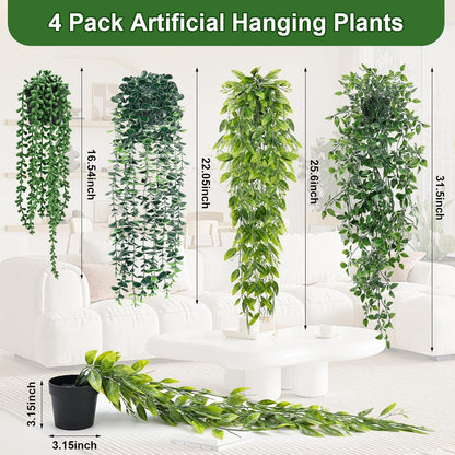 Artificial Hanging Plants for Shelf, 4-Pack Fake Potted Greenery Faux Plant in Pot for Vintage Farmhouse Bathroom Office Desk Wall Bookshelf Room Accessories Décor