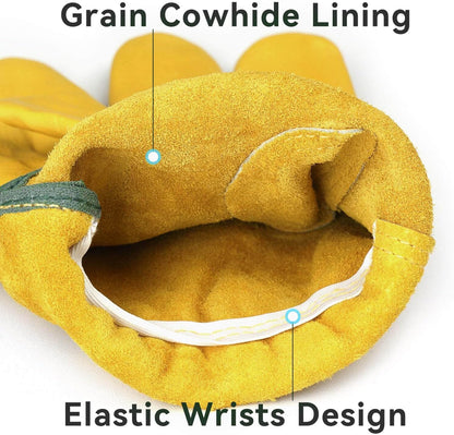 OZERO 5 Pairs Leather Work Gloves Flex Grip Tough Cowhide Gardening Glove for Wood Cutting/Construction/Truck Driving/Garden/Yard Working for Men and Women (Gold,Medium)