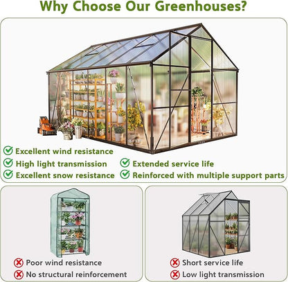 Wanan 12x8FT Greenhouses for Outdoors, Quick Assembly Polycarbonate Green House with UV Protection, Heavy Duty Windproof Aluminum Frame, Adjustable Roof Vent for Backyard or Outdoor Garden Use