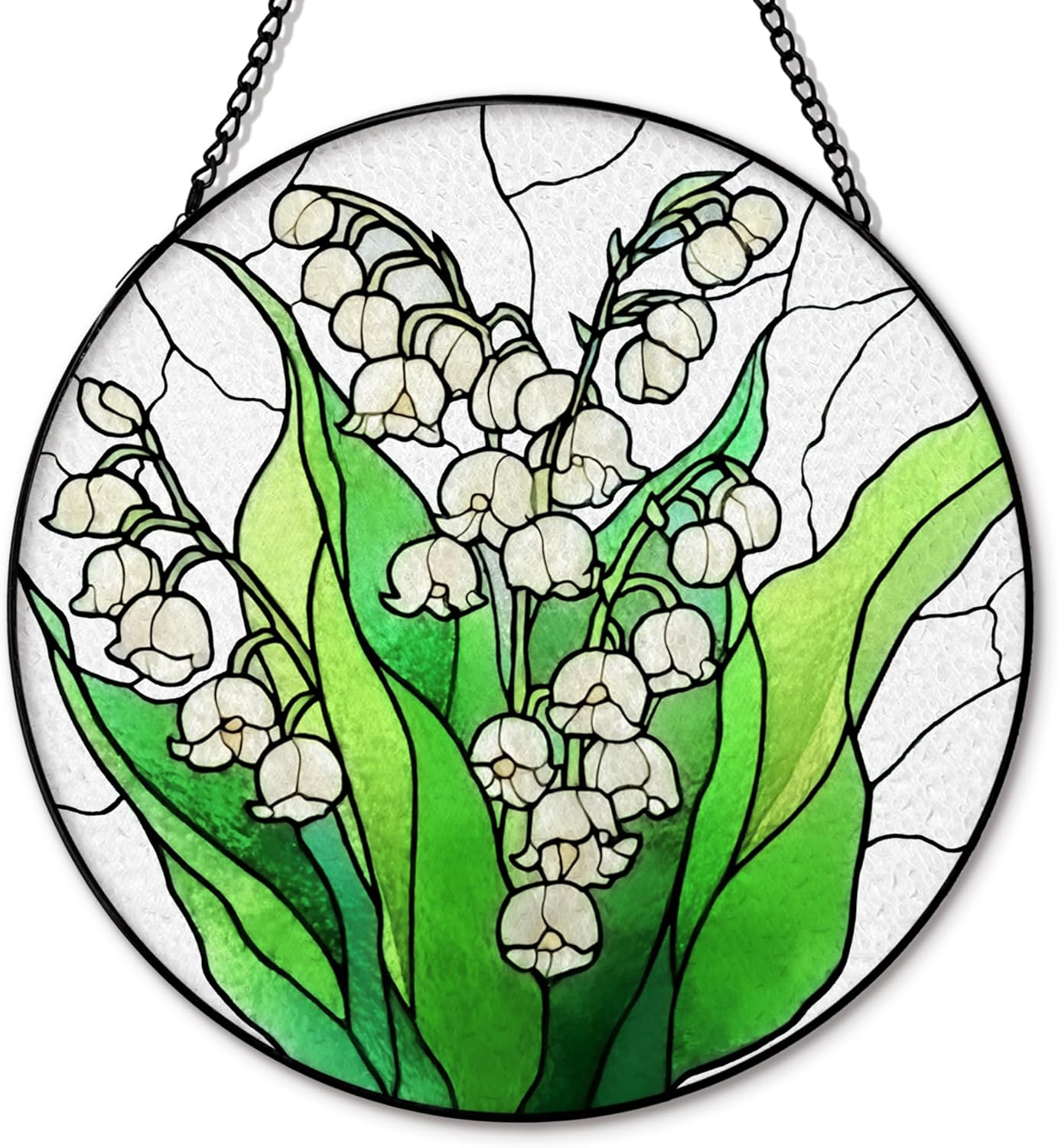 Lily of The Valley Flower Suncatcher Stained Glass Window Hanging, Lily of The Valley Sun Catchers Indoor Window Glass Round Wall Decor, Floral Wall Art Hanging Decorations, ＂7.8x7.8＂