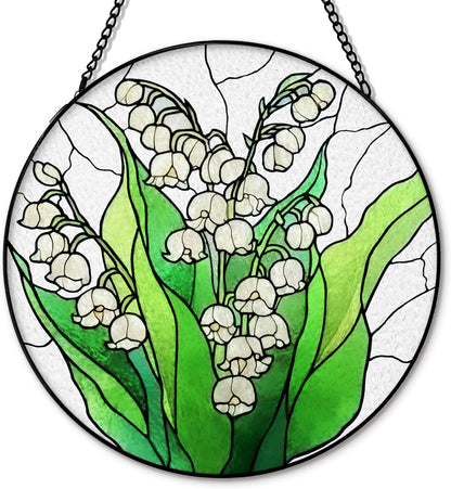 Lily of The Valley Flower Suncatcher Stained Glass Window Hanging, Lily of The Valley Sun Catchers Indoor Window Glass Round Wall Decor, Floral Wall Art Hanging Decorations, ＂7.8x7.8＂