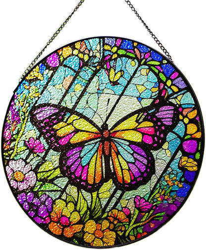 Generic Butterfly Stained Glass Suncatcher Artistic Window Hanging,7.8” Hand-Painted Glass Panel Wall Home Decor,Gift for Women Garden Decor Suncatcher, BL009