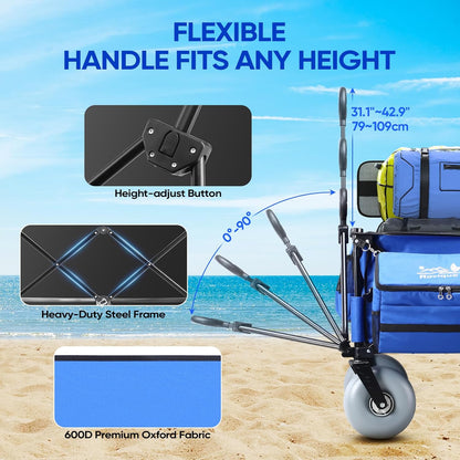 Beach Wagon with Big Wheels for Sand,260L Extra Large Beach Cart with 9" All-Terrain Balloon Wheels, Heavy Duty Folding Wagon, Adjustable Handle,450lb Capacity for Outdoors & Fishing
