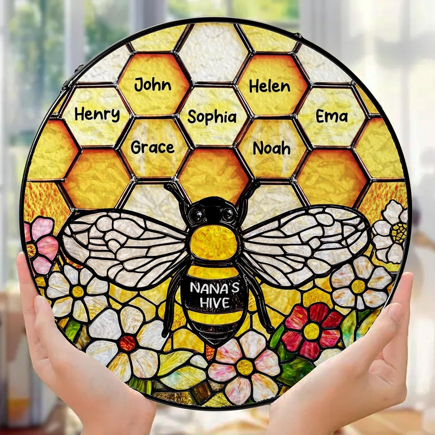 LOVELYPOD Custom Grandma’s Bee Stained Glass Sun Catcher, Personalized Window Hanging Sun Catcher with Kids Name, Nana’s Blessings, Gifts for Mom Grandma, Personalized for Grandma