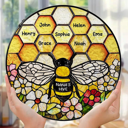 LOVELYPOD Custom Grandma’s Bee Stained Glass Sun Catcher, Personalized Window Hanging Sun Catcher with Kids Name, Nana’s Blessings, Gifts for Mom Grandma, Personalized for Grandma
