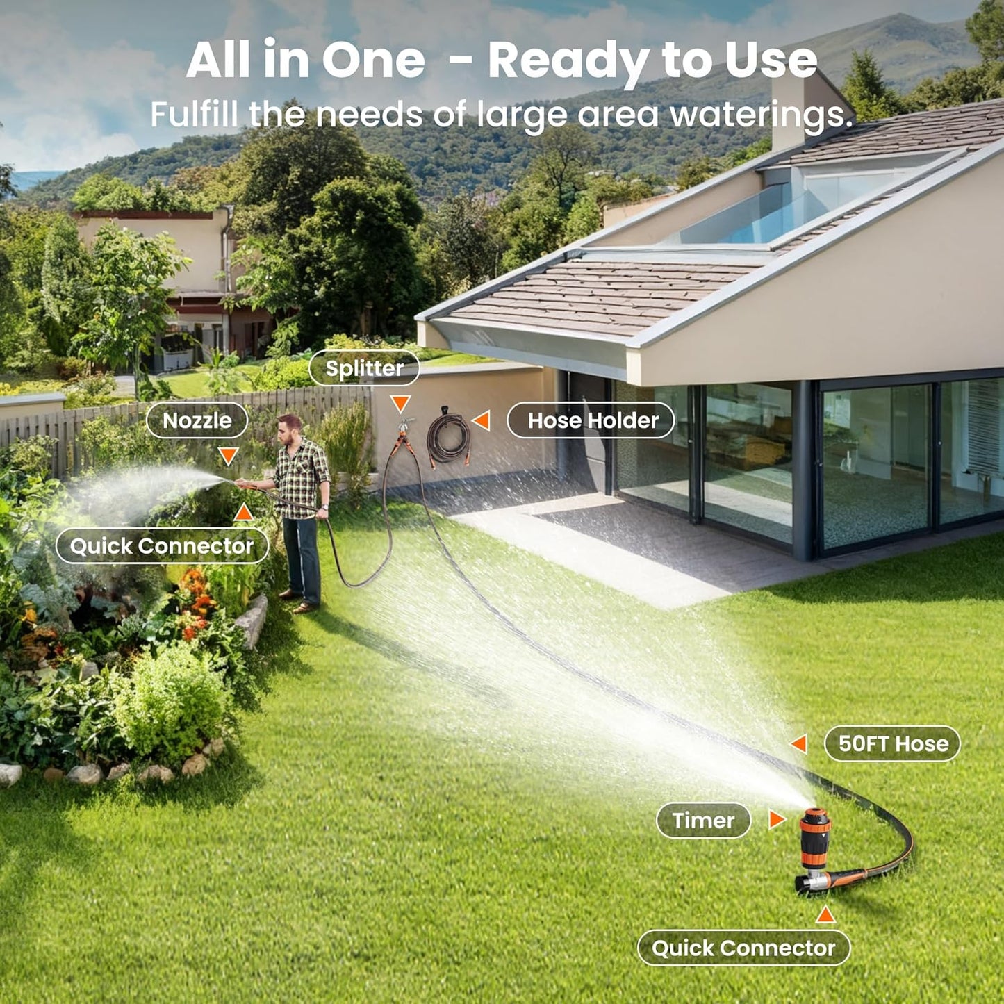 Giraffe Tools Garden Hose 50ft x 5/8", Water Hose Heavy Duty, Flexible with Hose Splitter, Nozzle and Yard Sprinkler, Lightweight Hybrid Hose with Swivel Handle, Male to Female Fittings, Burst 600 PSI