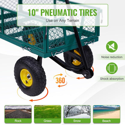 Backyard Expressions Heavy-Duty Steel Garden Cart – 400 lb Capacity, Removable Mesh Sides, Flatbed Convertible Yard Wagon with 10" Pneumatic Tires