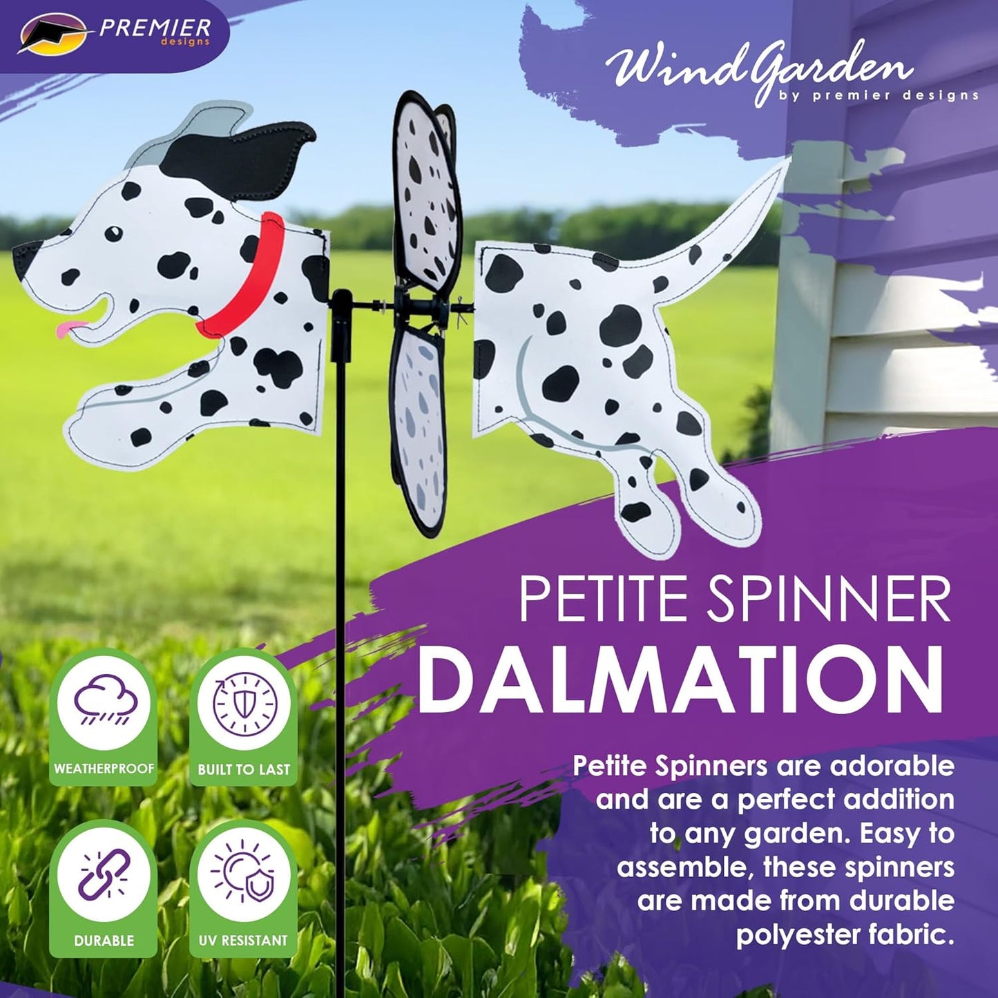 Premier Kites Petite Spinner Dalmation – Whimsical Wind Spinner for Yard & Garden, Durable Weather-Resistant Fabric, Easy to Assemble, Outdoor Decor for Patios, Lawns, & Fairy Lovers