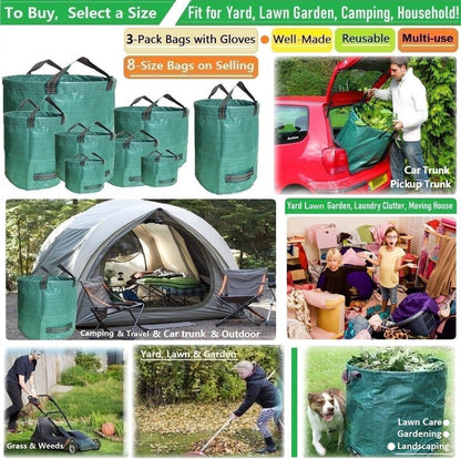 Standard 3-Pack 16 Gallons Home Garden Bags (D18, H15 inches) with Coated Gardening Gloves,Leaf Waste Bags,Patio Bag,Reusable Trash Can,Lawn Yard Waste Bags,Laundry Container with 4 handles