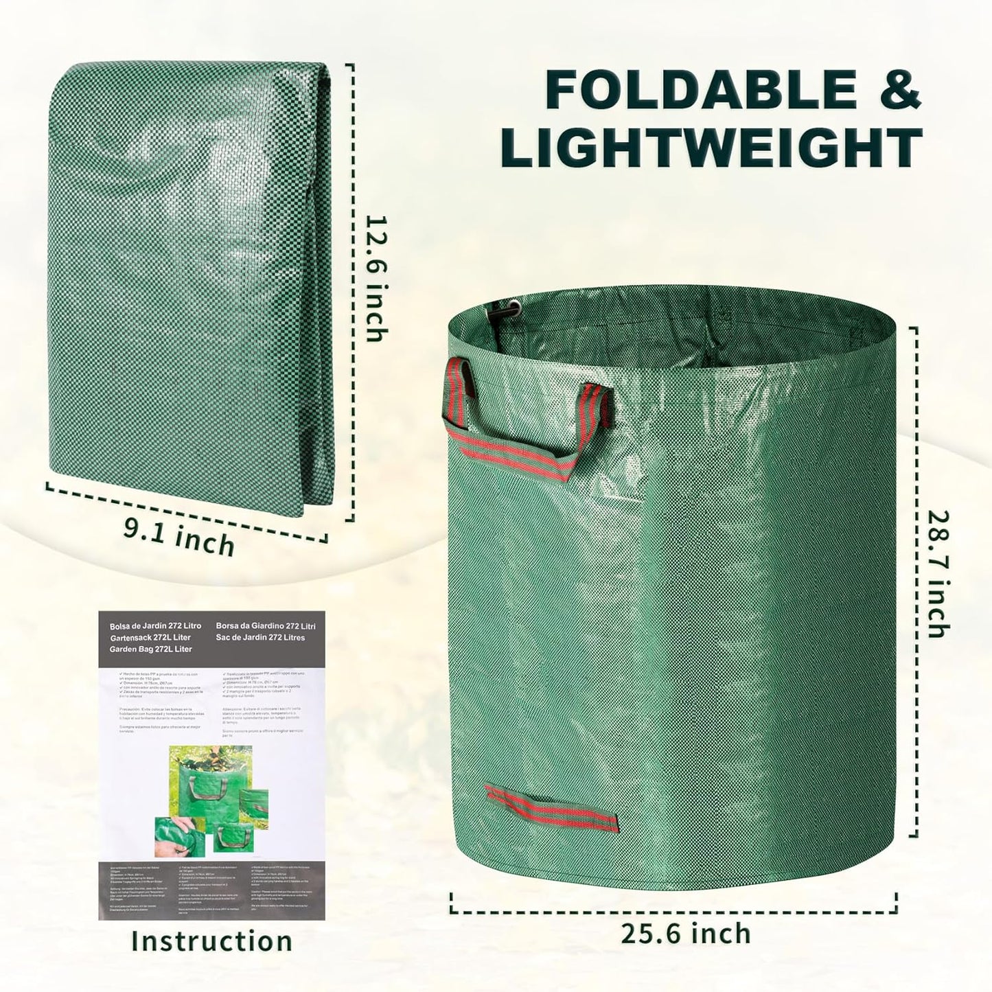 Reusable Yard Waste Bags, 72 Gallons Lawn and Leaf Bags Heavy Duty Garden Waste Bags with Reinforced Handles, 3 Pcs Foldable Leaf Collector Bag for Loading Garden Leaves, Trash - Green