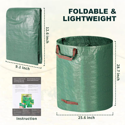 Reusable Yard Waste Bags, 72 Gallons Lawn and Leaf Bags Heavy Duty Garden Waste Bags with Reinforced Handles, 3 Pcs Foldable Leaf Collector Bag for Loading Garden Leaves, Trash - Green