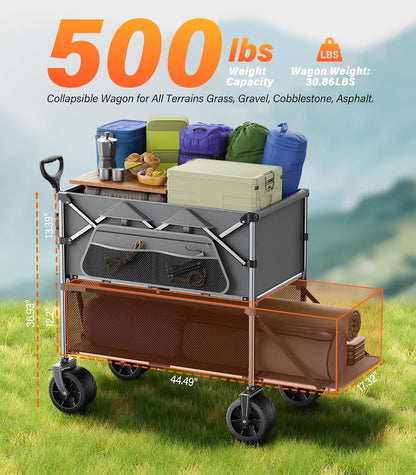 Collapsible Wagon Double Decker Wagons Carts Foldable for All Terrain, Grey