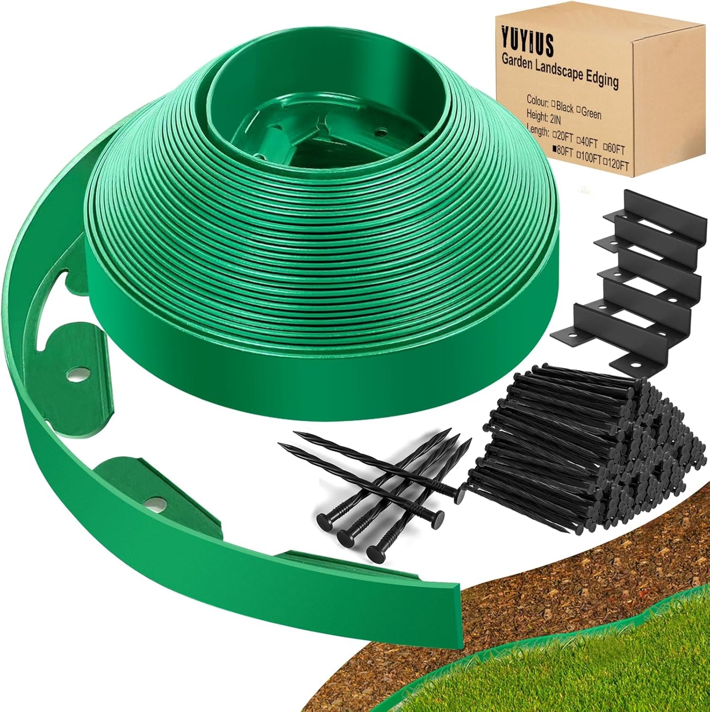 Landscape Edging - Garden Edging Border 80FT 2IN Tall with 120 Stakes, No Dig Lawn Edging for Landscaping for Garden Bed, Yard, 0.15" Thick Flower Bed Border Edging with Connector for Outdoor