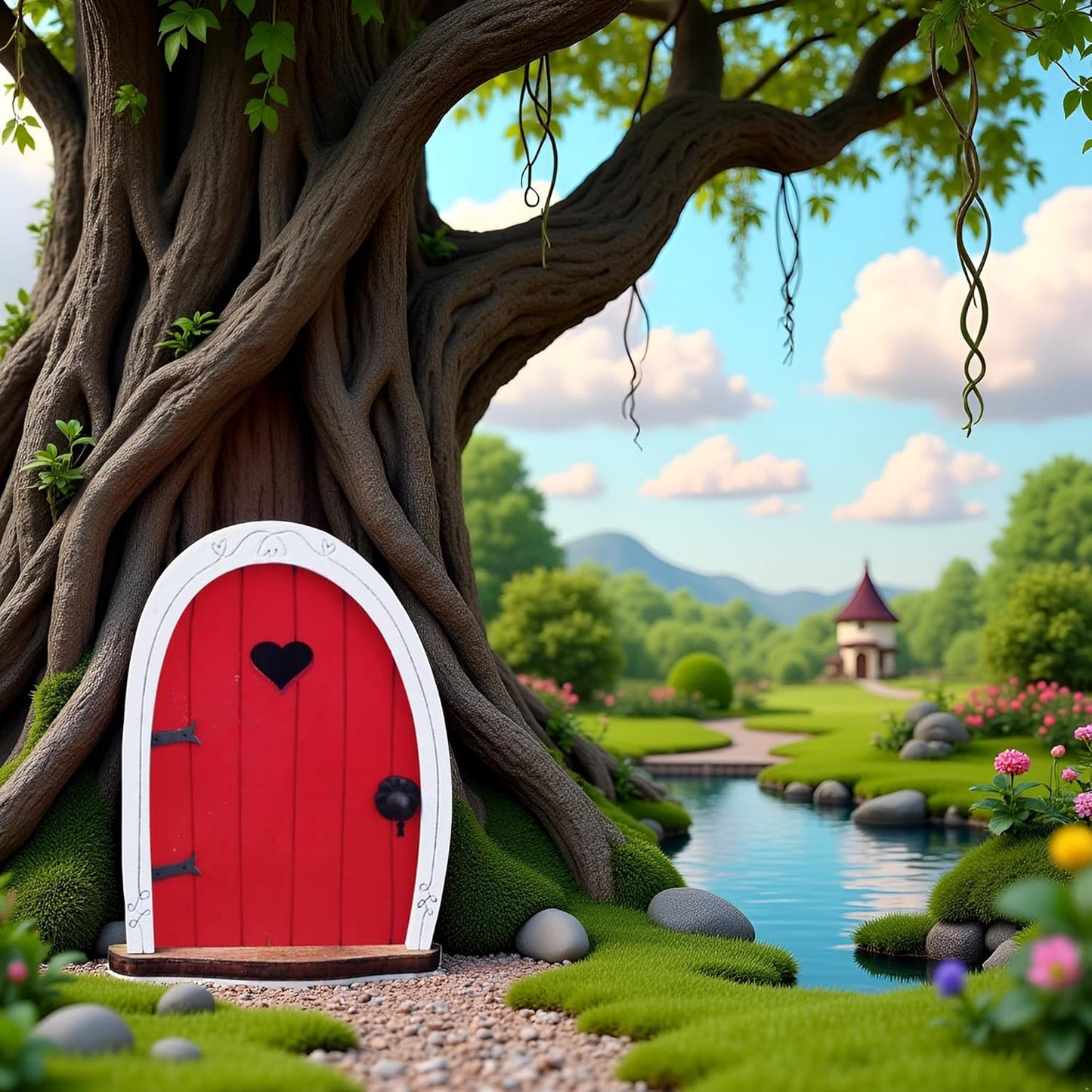 Red Streak Mini Fairy Garden Door for Tree, 3D Miniature Fairy Door for Fairytale Tiny House Doors, Bonsai Terrarium Micro Landscape Decoration Accessories Garden Miniatures