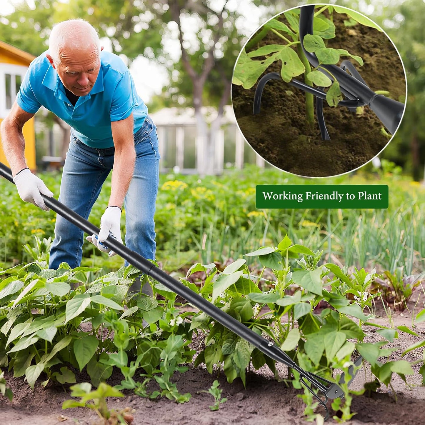 2 in 1 Hoe Garden Tool for Weeding& Cultivator - 52 inch Heavy Duty Garden Hoe with Upgraded Claw 3-Tine Tiller Rake,Long Handle Weed Grass Removal Tools for Gardening,Soil Loosening,Planting,Digging