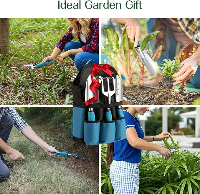Housolution Gardening Tools Set, 8PCS Heavy Duty Garden Tools with Non-Slip Rubber Grip with Large Garden Bag for Aluminum Alloy Hand Tools for Gardening,Gardening Gifts for Women and Men, Blue+Black