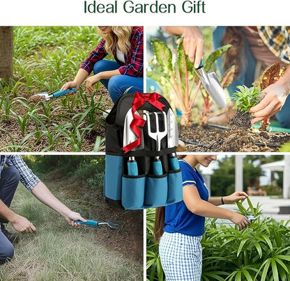 Housolution Gardening Tools Set, 8PCS Heavy Duty Garden Tools with Non-Slip Rubber Grip with Large Garden Bag for Aluminum Alloy Hand Tools for Gardening,Gardening Gifts for Women and Men, Blue+Black