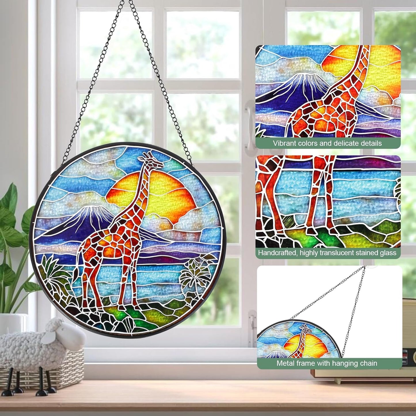 Giraffe Handmade Stained Glass Window Hanging Suncatcher with Chain - 7.9" Outdoor/Indoor Art Decor for Home Garden, Wedding, Mother's, Valentine's & Christmas Ornaments Present Gifts