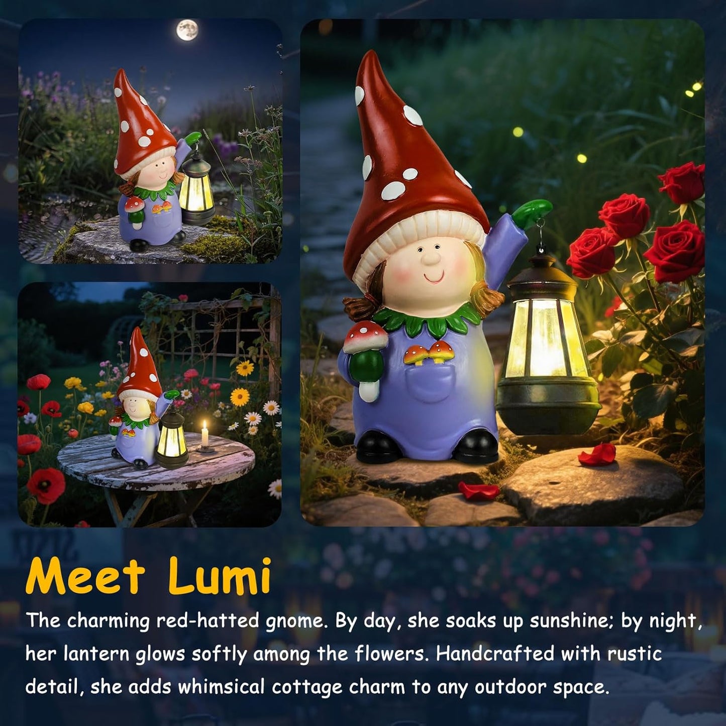 Gnome Statue Garden Ornaments Art Outdoor Decoration with Solar Powered LED Lights Decor for Patio,Balcony,Yard, Mum Birthday Gifts, Garden Gifts for Women