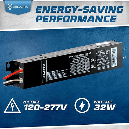 OHLECTRIC Replacement for Sylvania Ballast QTP 3X32T8/UNV ISN-SC, Philips ICN-3P32-N, Keystone KTEB-332-UV-IS-N-P, for 3 Fluorescent T8 Lamps - 120-277V - 32 Watt