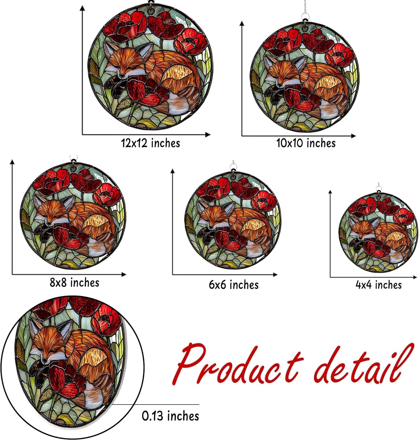 Fox Poppies Flower Acrylic Suncatcher Stained Glass Effect Window Car Hanging Christmas Ornament Indoor Outdoor Decor Garden Sun Catcher Panel Gifts for Fox Lover for Women Mom Grandma