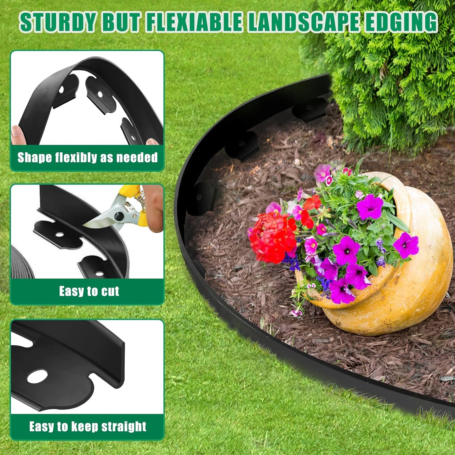 Landscape Edging - 2” x 80’ Garden Edging Border with 90 Stakes, 0.15" Thick No Dig Lawn Edging for Landscaping for Garden Bed, Yard, Flower Bed Border Edging with Connector for Outdoor