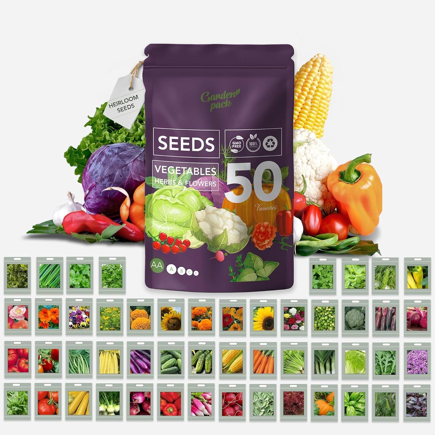 Garden Pack Seeds Pouch - 50 Varieties of Vegetable, Herb & Flower Seeds for Planting - 25,000 Non GMO Heirloom Seeds - Garden Seeds for Vegetable Garden