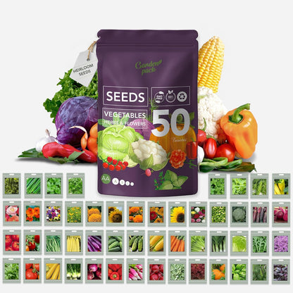 Garden Pack Seeds Pouch - 50 Varieties of Vegetable, Herb & Flower Seeds for Planting - 25,000 Non GMO Heirloom Seeds - Garden Seeds for Vegetable Garden