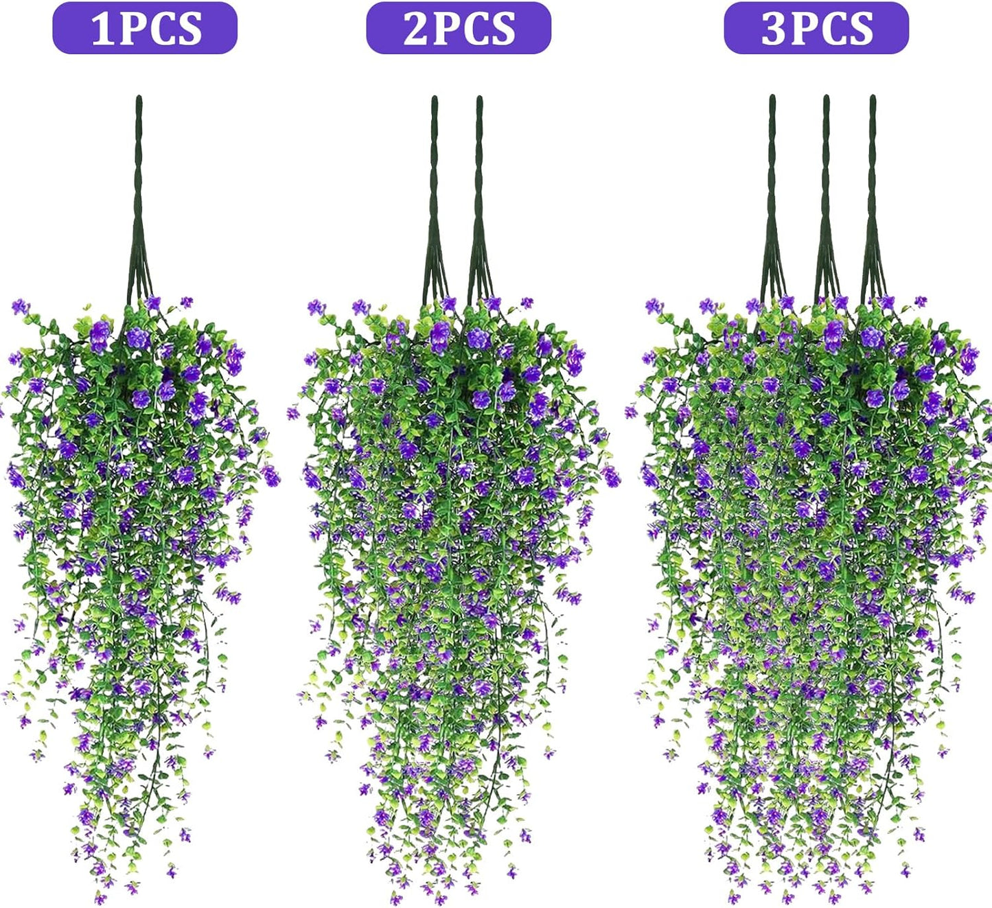 Artificial Hanging Flowers, 3 Pcs Fake Hanging Plants Artificial Vines for Outdoors, Fake Ivy Vine UV Resistant No Fade Faux Plants for Indoor Outside Garden Patio Yard Greenery Decoration (Purple)