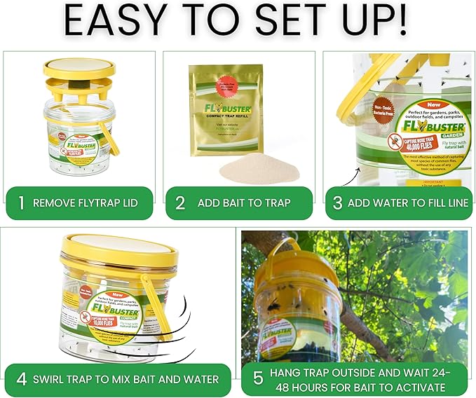 Fly Trap | Outdoor Device for Catching Flies | 2-Liter Garden Size | Comes with One Flytrap and 1 Bait Packet | 40,000 Fly Capacity | Non-Toxic | Child & Pet Safe