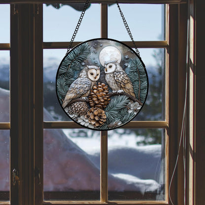 Stained Glass Window Hanging - Owl On A Tree Suncatcher for Doors Garden Patio Winter Scene Sun Catchers Decor Christmas Mother's Day Birthday Gifts for Women Men Mom Nana Friend 7.8 in