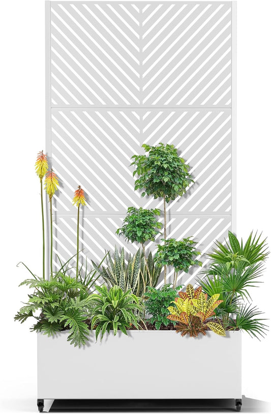 15.7"×70.9"×35.4" Metal Raised Garden Bed with Trellis and Wheels - Tall Trellis Planter Box for Climbing Plants, Vegetables & Vines - Outdoor Privacy Planters for Patio (White-Parallel)