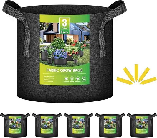 iPower 5-Pack 3 Gallon Plant Grow Bags Thickened Nonwoven Aeration Fabric Pots Heavy Duty Durable Container, Strap Handles for Garden, Black