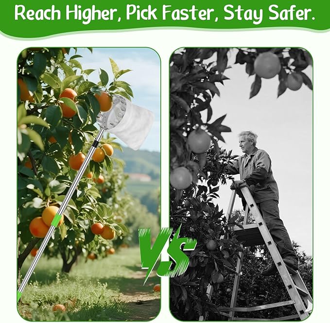 6.6 FT Fruit Picker Tool with Stainless Steel Pole & Soft Cloth Basket – Lightweight Tree Fruit Harvester for Apple, Mango, Orange, Pear, Lemon, Plum & More – Rust-Resistant, Easy Assembly