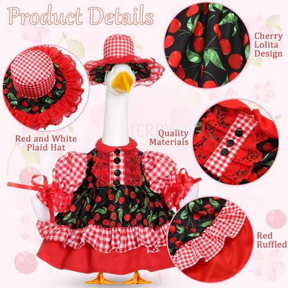 Fall Baby Goose Outfit for 17 Inch Plastic Lawn Porch Goose Statue Clothes Harvest Holiday Cherry Skirt with Hat Geese Outfit for Indoor Outdoor Patio Yard Art Decor