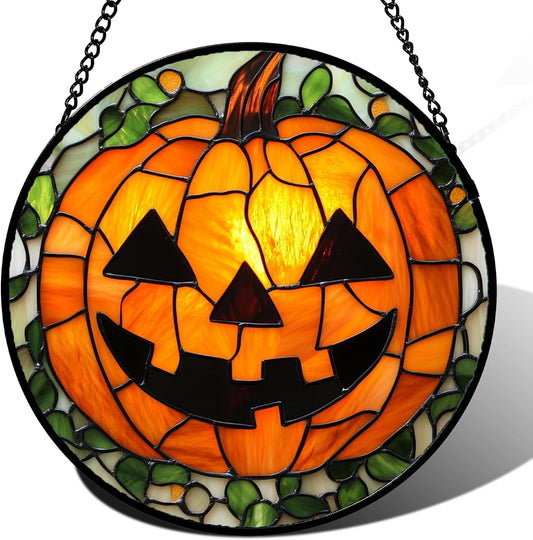 Stained Glass Window Hanging, Halloween Decorations Evil Pumpkin Suncatcher for Doors Garden Indoor