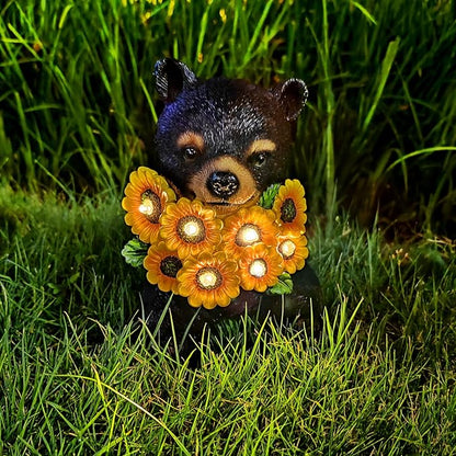 Solar Garden Decor Black Bear Outdoor Statue, Outdoor Patio Sculpture Decor LED Lights Gifts for Mom or Daughter, Garden Statues Birthday Gifts for Women Home and Yard