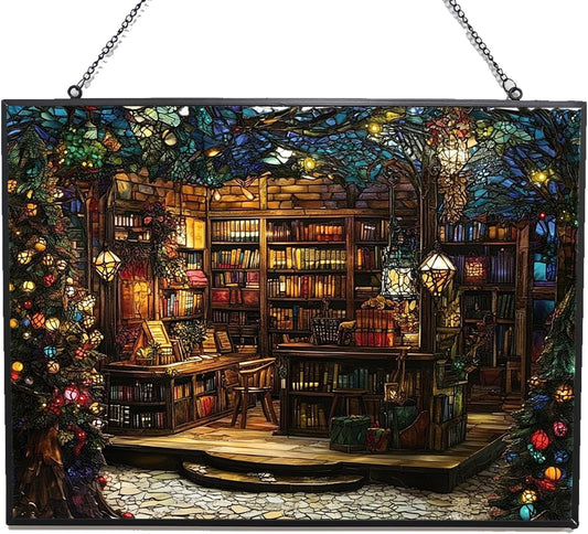 Rectangle Christmas Bookstore Stained Glass Sun Catcher, Wall Hanging Colored Decor Room Indoor Window Decor, Halloween, Christmas Hanging Ornament