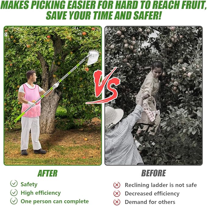 Fruit Picker and Gardening Harvest Storage Apron Set - 2.8m/9.2ft Fruit Picker Tool with Telescopic Handle, Stainless Steel Connecting Pole and Drawstring Storage Bag, Picker for Apple Lemon Cherry