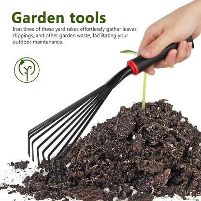 VANZACK 2pcs Gardening Hand Rakes Metal Ash Rakes Hand Tiller Mini Garden Cultivator Tools Portable Rake with Handle and 9 Tines for Yard Lawn Shrub Flower Beds