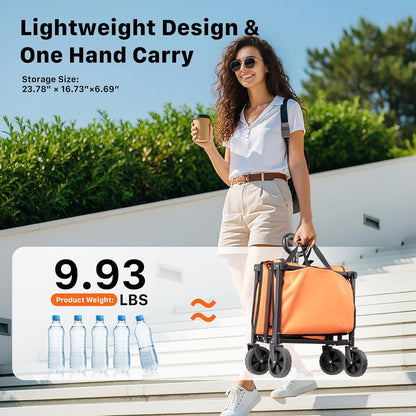 Collapsible Wagon Cart with Wheels, 150L Lightweight Foldable Utility Cart, Portable Rolling Wagon for Garden, Shopping, Sports, Camping, Transport, Orange