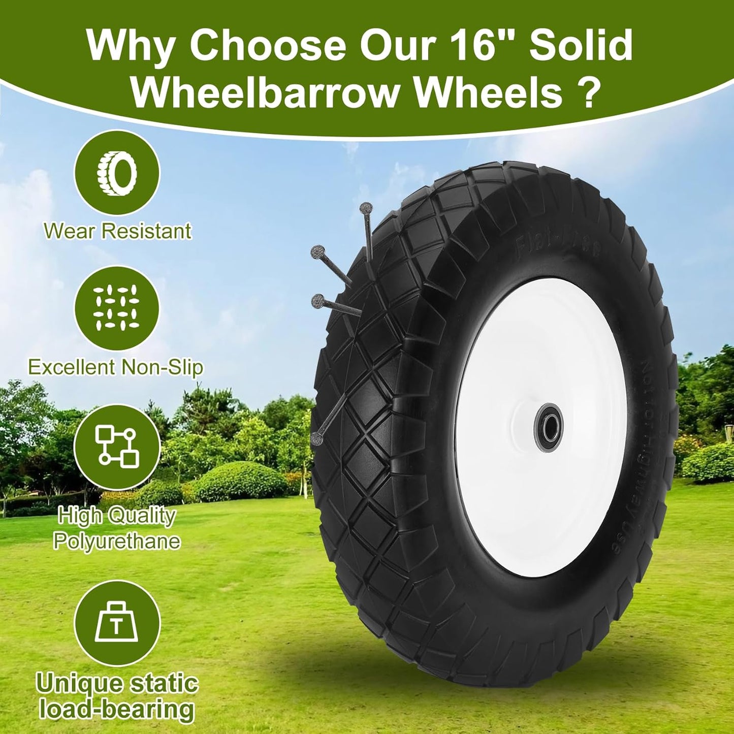 Upgraded 16" Flat Free Wheelbarrow Wheels and Tires, 4.80/4.00-8 Solid Wheelbarrow Tires with 5/8"&3/4" Bearings,14"-16" Universal Fit Wheelbarrow Wheels for Wheelbarrows/Garden Trailer