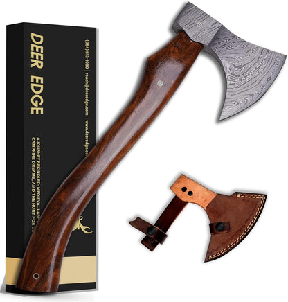 Handmade Damascus Axe with Sheath – Viking Style Hatchet with Curved Wooden Handle for Camping, Chopping & Display