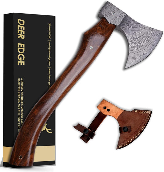 Handmade Damascus Axe with Sheath – Viking Style Hatchet with Curved Wooden Handle for Camping, Chopping & Display