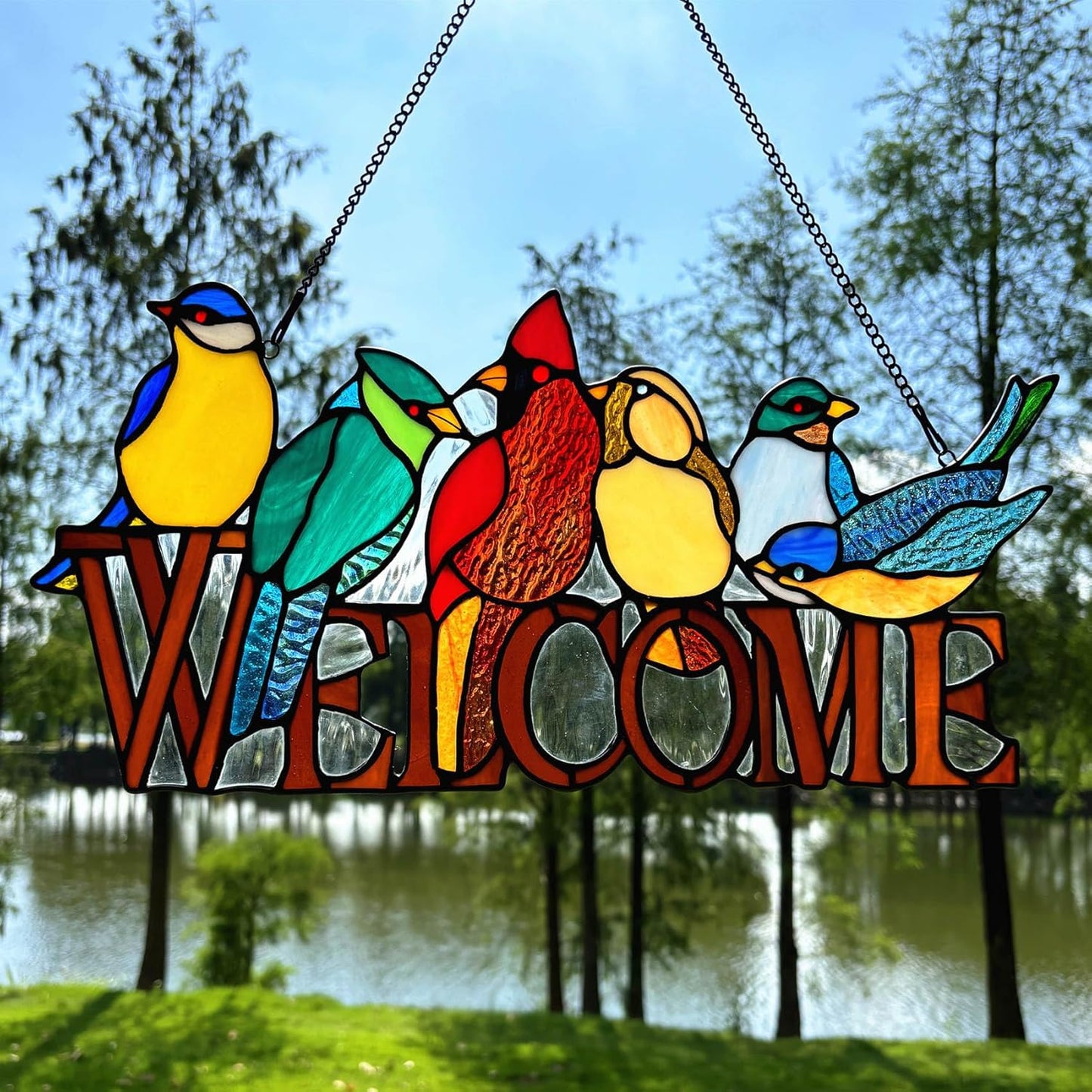 6 Birds Stained Glass Welcome Sign for Front Door Window Hanging Suncatcher, Handmade Tiffany Style Outdoor Welcome Signs Decor Gifts for Mom, Women, Bird Lovers, Bless This Home