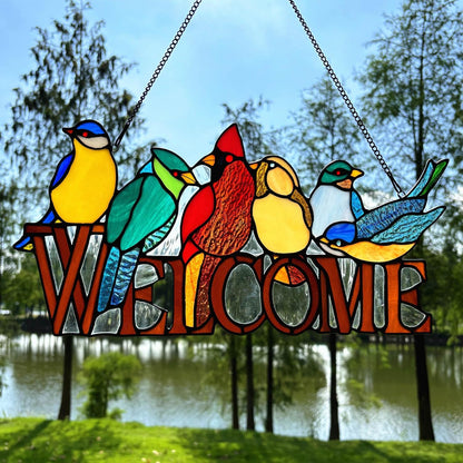 6 Birds Stained Glass Welcome Sign for Front Door Window Hanging Suncatcher, Handmade Tiffany Style Outdoor Welcome Signs Decor Gifts for Mom, Women, Bird Lovers, Bless This Home